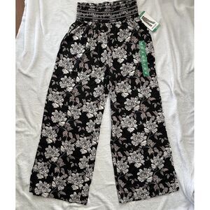 Da Hui Hawaii Women's Pant Size XL Black Floral Wide Leg Flowy Smocked Waist